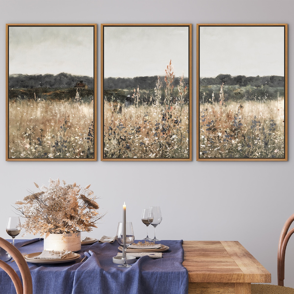 Set of Three Wildflower Field Landscape Oil Painting Large Wall Art Print, Framed Canvas Nature Wall Decor, Rustic Country Landscape - Etsy