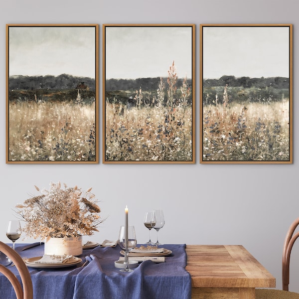 Wildflower Field Triptych: Rustic Landscape Framed Canvas Art Print