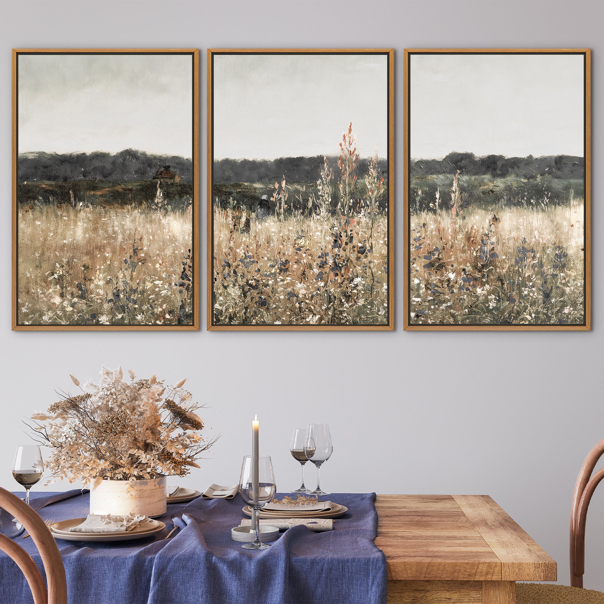 Wildflower Field Triptych: Rustic Landscape Framed Canvas Art Print