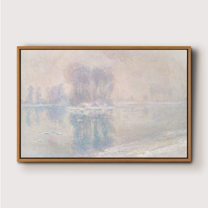 May include: A painting of a misty, pale blue landscape with a cluster of trees reflected in the water. The trees are a soft purple and blue, and the water is a light blue with a hint of green. The sky is a pale blue with a hint of pink.