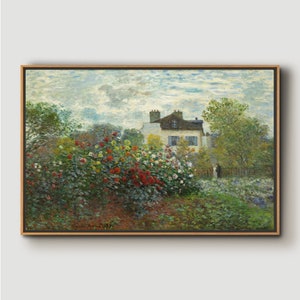 May include: A painting of a house with a garden in the foreground. The garden is filled with colorful flowers and greenery. The house is white with a black roof and has a few windows. The sky is cloudy and blue. The painting is signed "Claude Monet 1875".