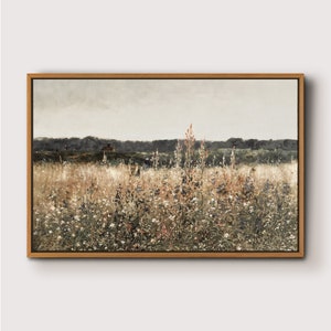 Wildflower Field Landscape Oil Painting Large Wall Art Print, Framed Canvas Nature Wall Decor, Rustic Country Landscape for Living Room