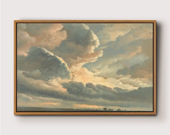 May include: A painting of a cloudy sky with a hint of pink and orange in the clouds. The sky is mostly gray and white, with some darker clouds in the distance. The horizon is visible in the bottom of the painting, and there is a small amount of land visible in the foreground.