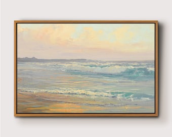 May include: A painting of a seascape with soft, pastel colors. The painting depicts a calm ocean with gentle waves and a sandy beach in the foreground. The sky is a pale blue with wispy clouds.
