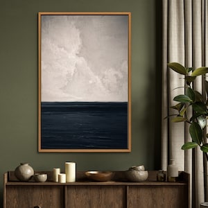 Minimalist Blue Ocean and Cloud Wall Art Print, Large Neutral Wall Art Decor, Modern Framed Canvas Print for Living Room, Bedroom and Office