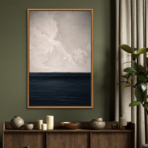 Minimalist Blue Ocean and Cloud Wall Art Print, Large Neutral Wall Art Decor, Modern Framed Canvas Print for Living Room, Bedroom and Office