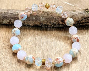 Bracelet en jaspe bleu et quartz rose. Bracelet bohème en pierres précieuses.