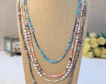 Collier en pierres naturelles et perles de cristal de verre, bijoux bohèmes en pierres précieuses.