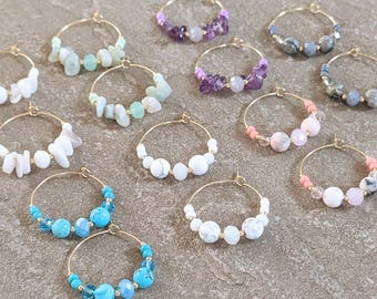 Boucles d'oreilles en pierres naturelles et cristal. Boucles d'oreilles bohèmes avec pierres précieuses