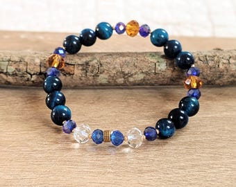 Bracelet oeil de tigre bleu et cristal de verre. Bracelet en pierre naturelle.