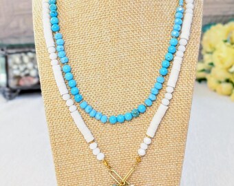 Collier double turquoise bleu et argile. Collier bohème