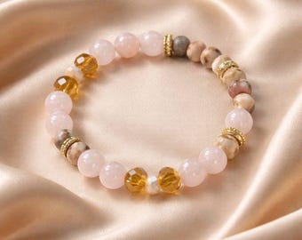 Bracelet en quartz rose, jaspe rose et cristal de verre. Bracelet bohème en pierre naturelle.