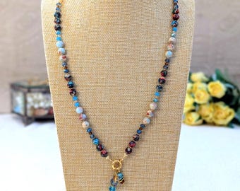 Collier bohème en jaspe et amazonite avec perles de cristal. Collier en pierre naturelle