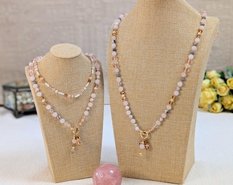 Collier en quartz rose et jaspe zèbre rose avec pendentif. Collier en pierre naturelle. Bijoux en pierres précieuses