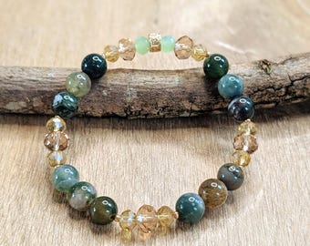 Bracelet en verre et agate indienne verte. Bracelet en pierre naturelle.