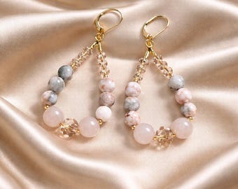 Pendants d'oreilles en quartz rose et cristal de jaspe rose. Boucles d'oreilles en pierre naturelle