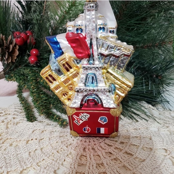 Paris City Suitcase Blown Glass Christmas Ornament Decoration