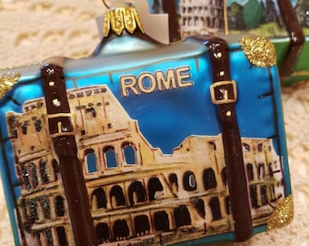 Rome Italy Suitcase Blown Glass Ornament