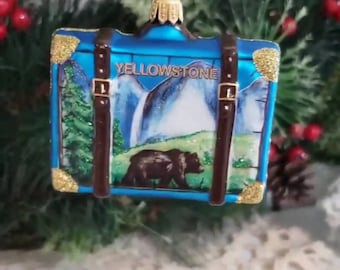 Yellowstone Park Suitcase Blown Glass Ornament