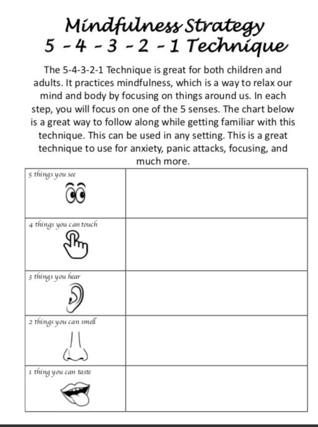 Mindfulness Worksheet Printable 54321 Technique Etsy