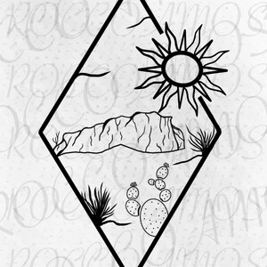 May include: Black and white line art illustration of a desert landscape within a diamond shape. The design features a sun, mountains, cacti, and other desert plants. The artwork is a simple, graphic representation of the desert.