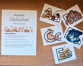 Karty do nauki alfabetu jesiennego: Karty edukacyjne z akwarelami (do pobrania w formacie PDF)