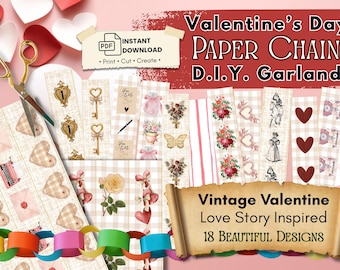 Girlanda z papieru na Walentynki w formacie PDF DIY do wydrukowania, baner w stylu vintage na Walentynki