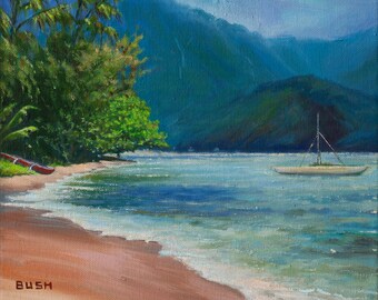 Kauaian Hideaway, impresión digital de una pintura al óleo original, arte tropical, arte mural costero.