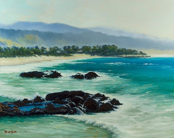 Carmel Beach es una impresión digital de una pintura al óleo original, una obra de arte mural de la costa central de California.