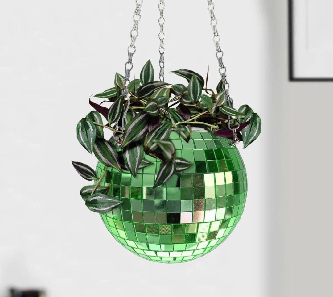 Large Disco Green Mirror Ball Planter Handmade Retro Etsy