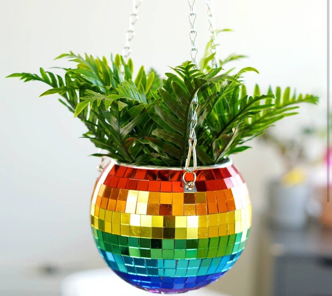 Large Disco Rainbow Mirror Ball Planter, Handmade Retro Design,mirror