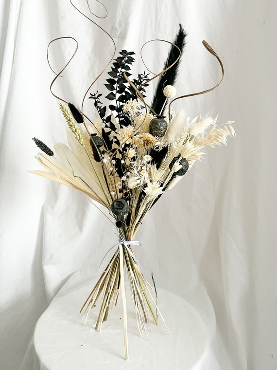 Monochrome Bouquet with Dried Greenery and White Anthurium