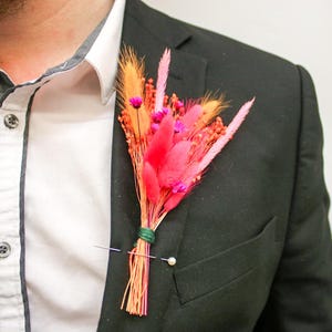Hot Pink & Orange Dried Flower Boutonniere: Wedding Groomsmen Accessory