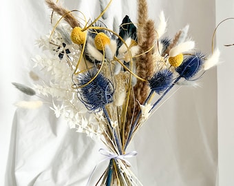 Bouquet Dried Flower Bouquet, Navy and Yellow Dried Flowers, Dried Flower Arrangement, Grey Pampas, Bunny Tails | Everlasting flowers