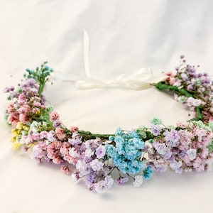 Flower Crown Rainbow Gypsophila | Baby Adult Sizes | Wedding Birthday Headband | Dried Gypsophila Eucalyptus Rose | Crown | Birthday Gift