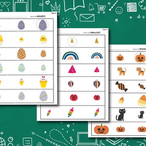 May include: A printable worksheet with three sets of images. Each set has three images of different sizes. The worksheet instructs the user to circle the biggest image in each set. The images include Easter eggs, rainbow, Christmas tree, candy cane, pumpkin, and cat.