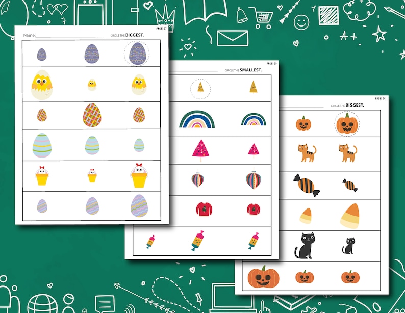 May include: A printable worksheet with three sets of images. Each set has three images of different sizes. The worksheet instructs the user to circle the biggest image in each set. The images include Easter eggs, rainbow, Christmas tree, candy cane, pumpkin, and cat.