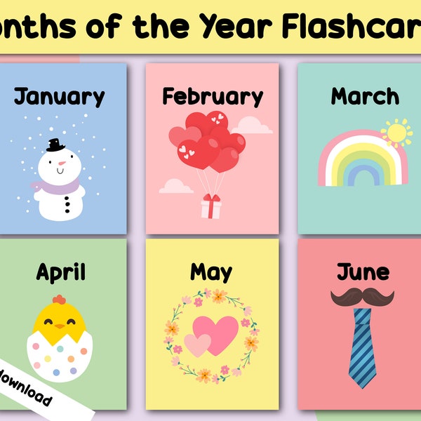 Months of the Year Flashcards, Printable Month of the Year Cards, Preschool Flashcards, Classroom decor, Toddler Flashcards, Homelearning