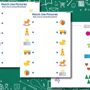 May include: A worksheet with two pages of matching activities for kids. The first page has pictures of toys like a rocking horse, a toy truck, a rocket, and a beach ball. The second page has pictures of shapes like circles, stars, squares, hearts, and triangles.