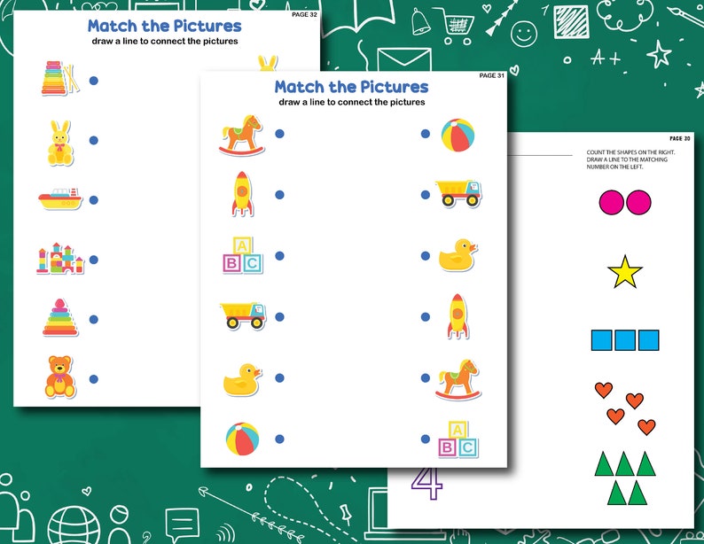 May include: A worksheet with two pages of matching activities for kids. The first page has pictures of toys like a rocking horse, a toy truck, a rocket, and a beach ball. The second page has pictures of shapes like circles, stars, squares, hearts, and triangles.
