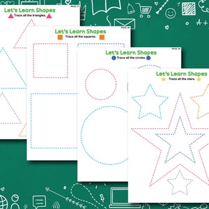 May include: Four printable worksheets for kids to learn shapes. Each worksheet features a different shape: triangles, squares, circles, and stars. The worksheets have dotted lines for kids to trace the shapes.
