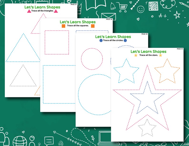 May include: Four printable worksheets for kids to learn shapes. Each worksheet features a different shape: triangles, squares, circles, and stars. The worksheets have dotted lines for kids to trace the shapes.