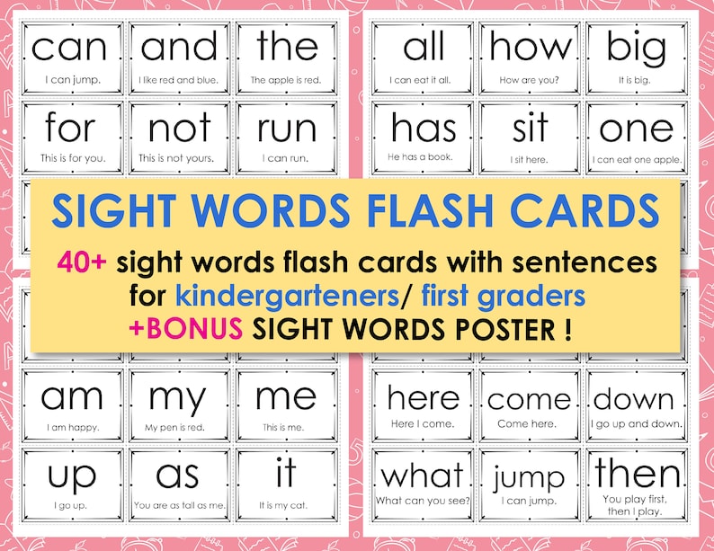 40 Sight Word Flash Cards With Sentences Etsy