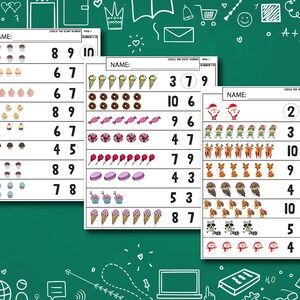 May include: A printable worksheet for kids to practice counting. The worksheet has three sections, each with a different theme: cupcakes, ice cream cones, and Christmas characters. Each section has ten rows with a different number of images in each row. The child is asked to circle the correct number next to each row.