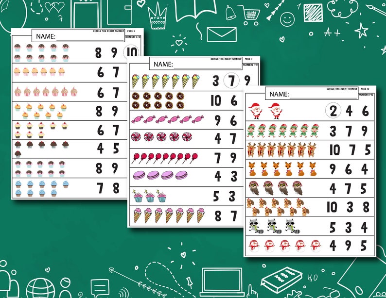 May include: A printable worksheet for kids to practice counting. The worksheet has three sections, each with a different theme: cupcakes, ice cream cones, and Christmas characters. Each section has ten rows with a different number of images in each row. The child is asked to circle the correct number next to each row.