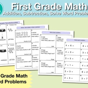 1st Grade Math Worksheet Printable - Addition, Subtraction, Word Problems, Chart Reading. Homeschool resource instant download PDF.