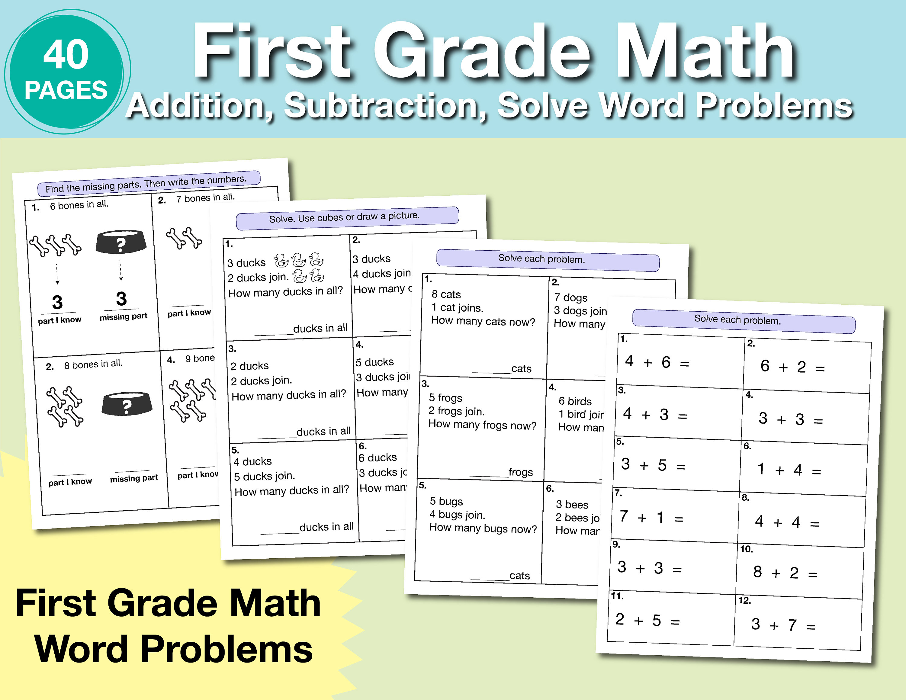 1st Grade Math Worksheet Printable - Addition, Subtraction, Word ...