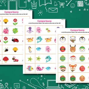 May include: A worksheet with three pages of comparisons. Each page has a set of images with the instruction to circle the picture that is the same as the one on the left. The first page has images of a butterfly, flower, ladybug, clover, bee, mushroom, and caterpillar. The second page has images of an octopus, turtle, crab, seahorse, starfish, fish, and dolphin. The third page has images of a penguin, snowman, reindeer, Santa Claus, Christmas ornaments, and a gingerbread man.