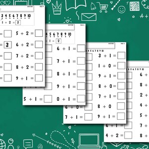 May include: Three worksheets with addition problems for kids. The worksheets have numbers 0 through 10 and addition problems with sums up to 10. The worksheets are black and white and have a simple design.