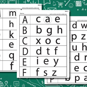 May include: Black and white worksheet with the letters of the alphabet in uppercase and lowercase. The worksheet is designed to help children learn to match uppercase and lowercase letters.